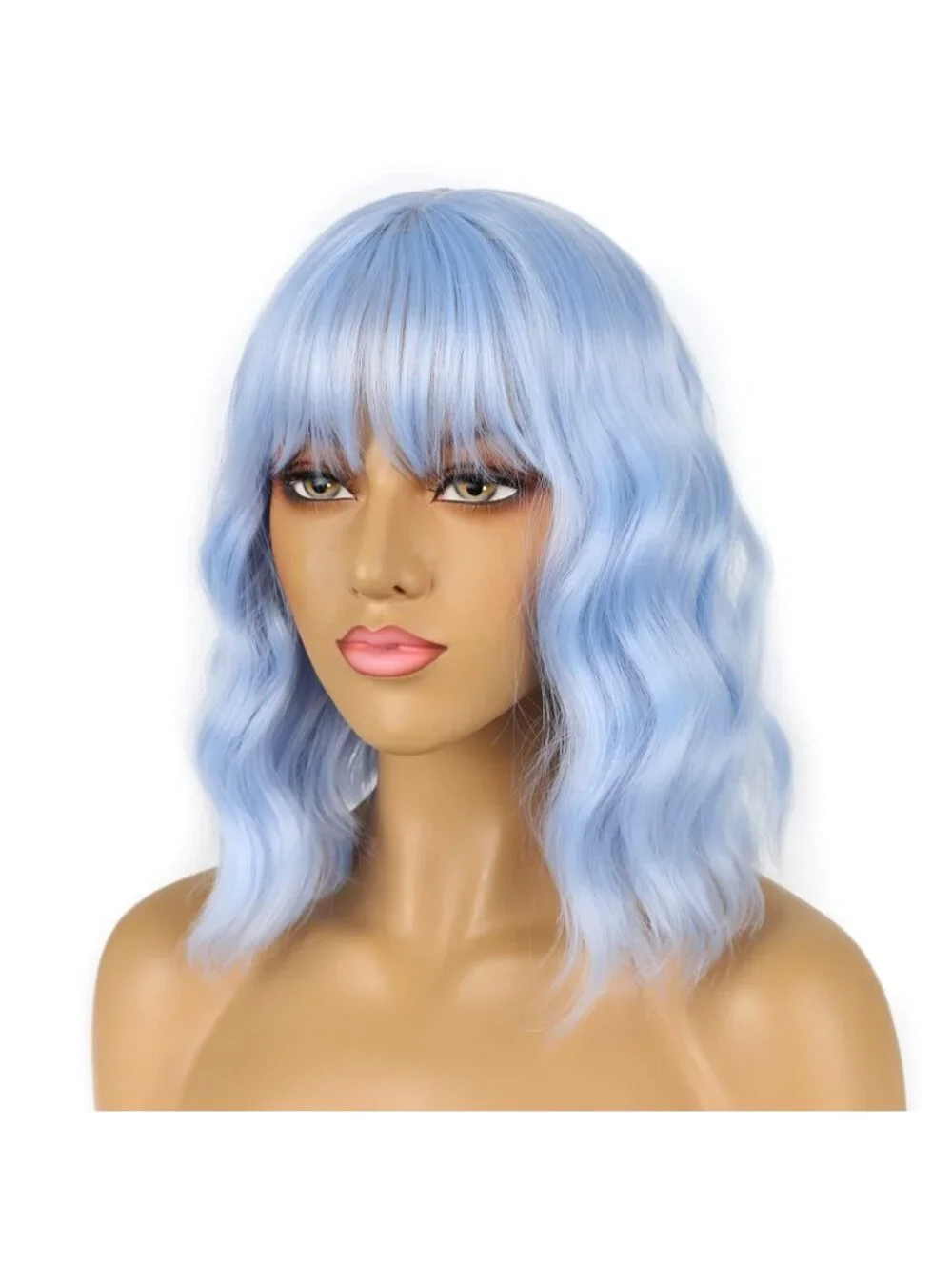 Women's Lovely Pink Shoulder Length Synthetic Loose Wavy Short Bob Wigs Bangs